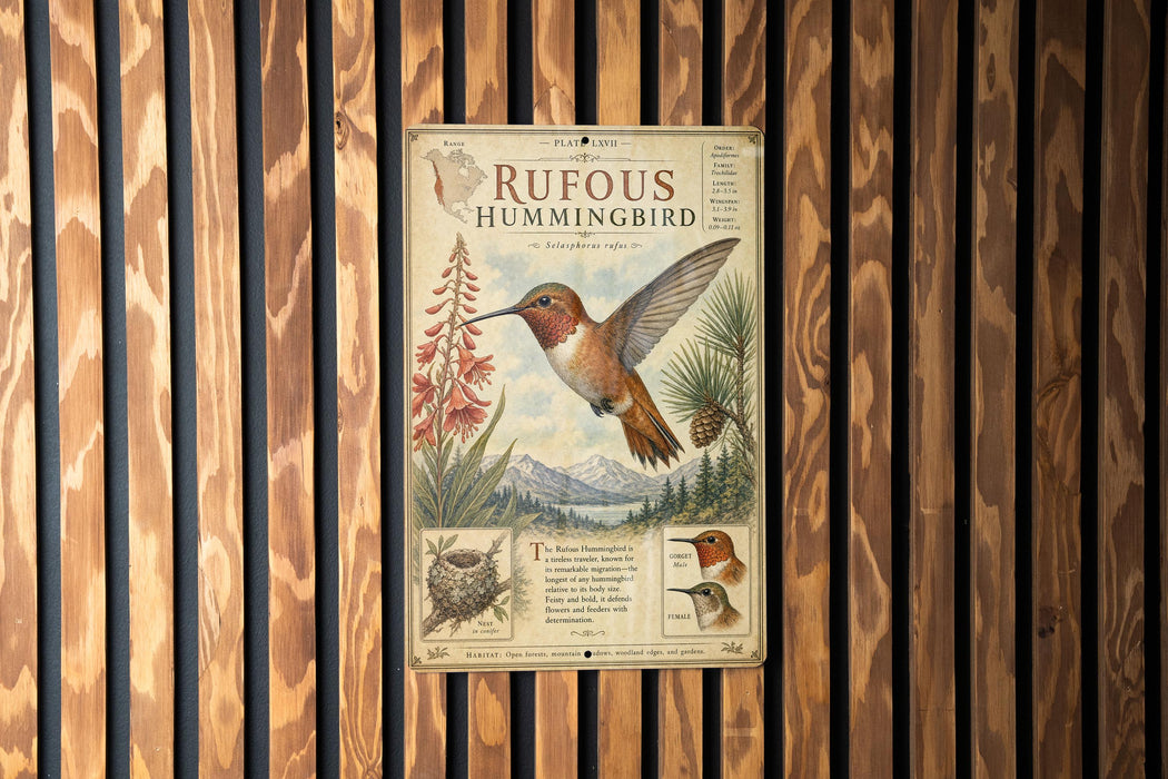 The image is a vintage metal sign featuring illustrations and text about the Rufous Hummingbird, which is mounted on a wooden wall.