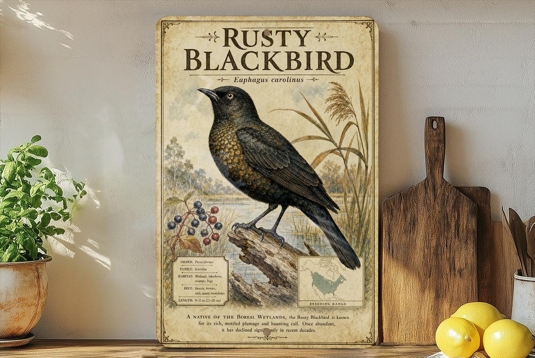 a vintage-style poster of a Rusty Blackbird, a bird known for its black plumage and distinctive call. The poster is displayed on a wooden shelf, surrounded by various kitchen items such as a cutting board, a knife, and a bowl.