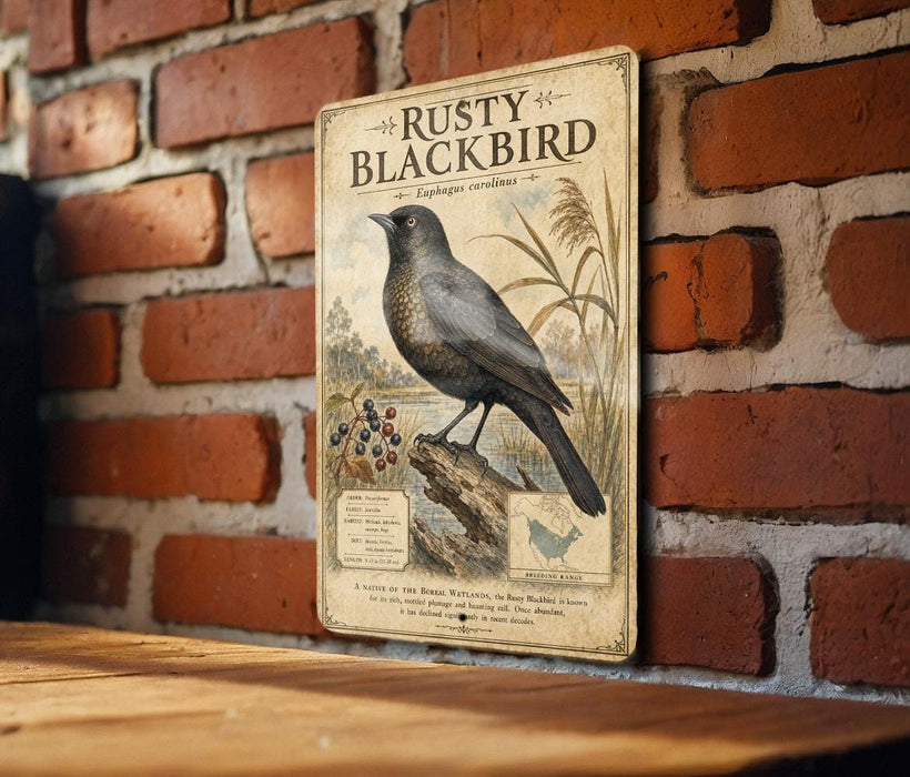 a vintage-style metal sign with an illustration of a blackbird perched on a rock, mounted on a brick wall.
