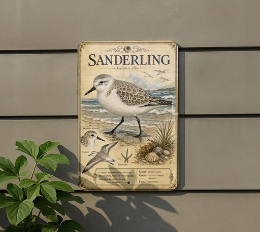 A metal sign with a vintage-style illustration of a sanderling bird, along with additional bird illustrations and text, is mounted on a wall.