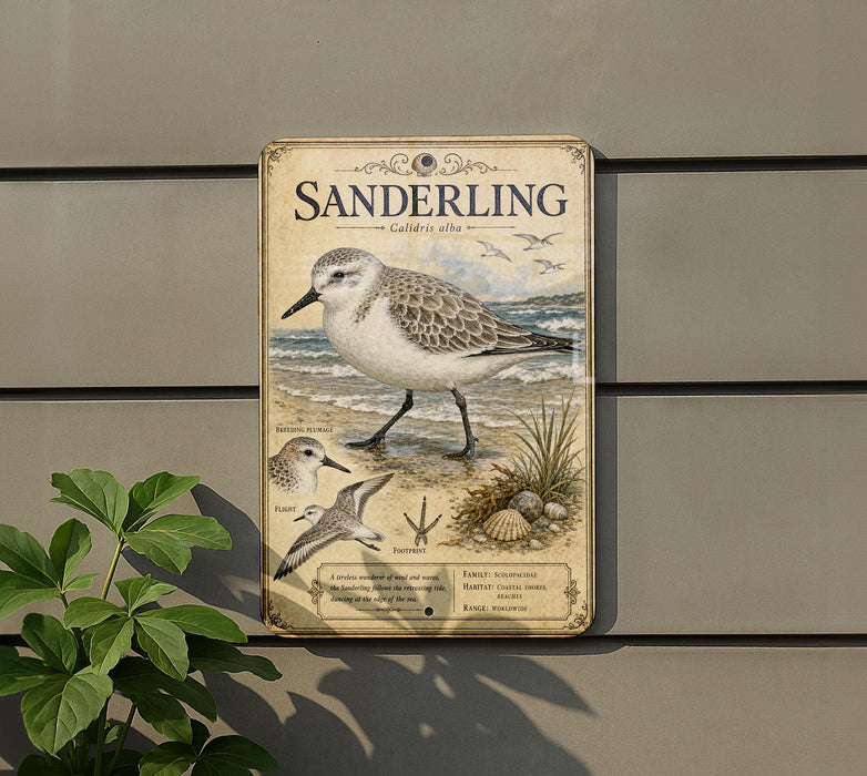 A metal sign with a vintage-style illustration of a sanderling bird, along with additional bird illustrations and text, is mounted on a wall.