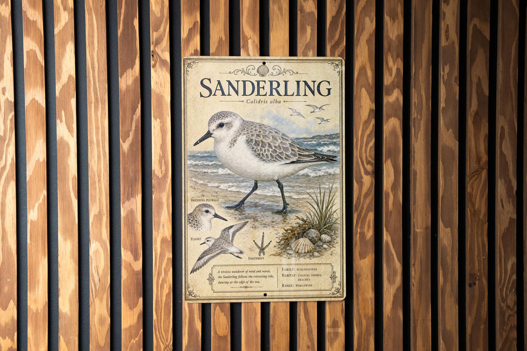 A vintage-style metal sign with illustrations and text, mounted on a wooden wall.