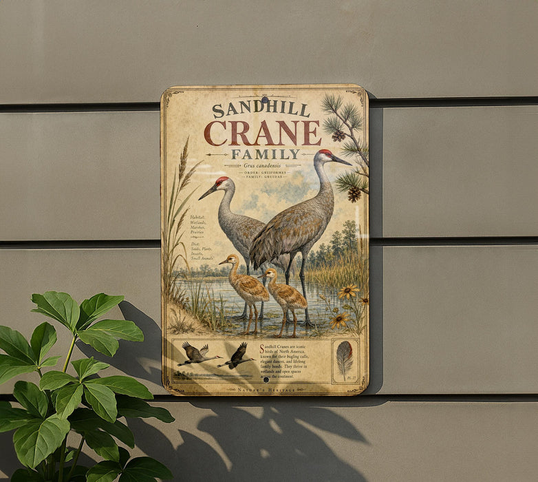 A sign for the Sandhill Crane Family, featuring illustrations of sandhill cranes standing in a marshy area with a pine tree in the background.