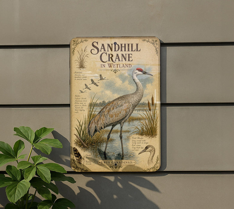 a vintage-style sign depicting a sandhill crane in a wetland environment, with illustrations of the crane, plants, and other wildlife.