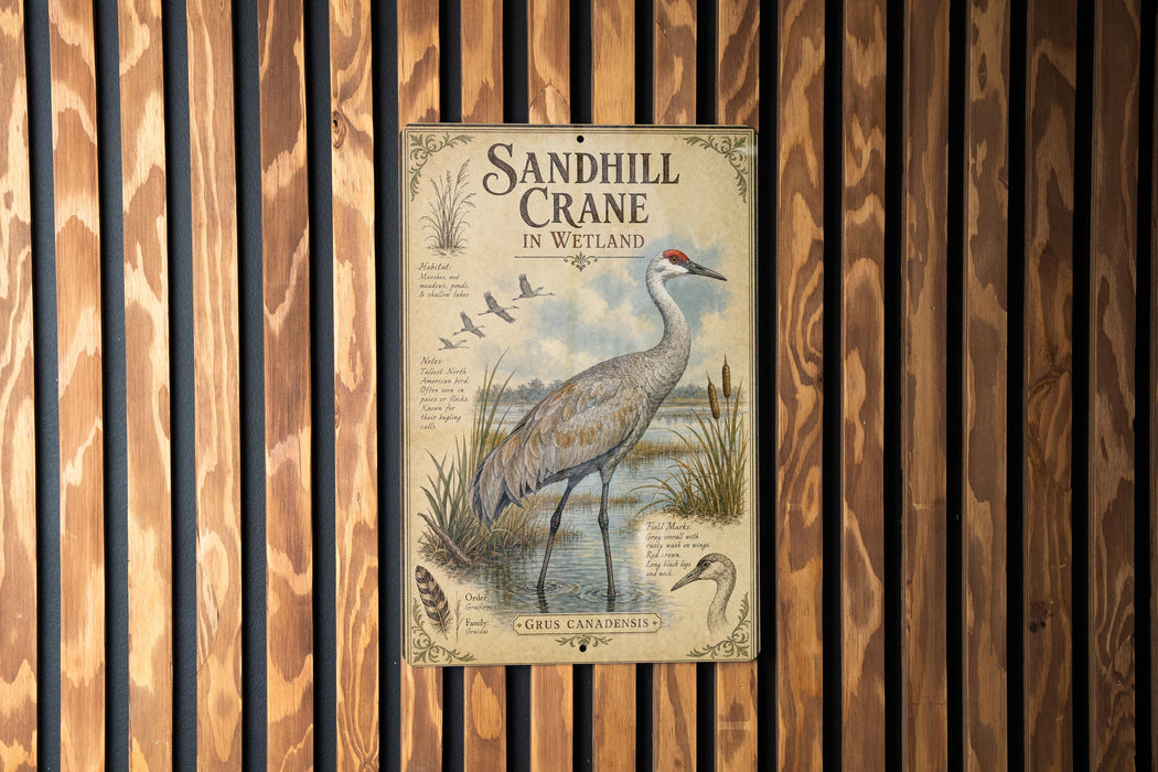 A vintage-style metal sign with an illustration of a sandhill crane in wetlands, mounted on a wooden wall.