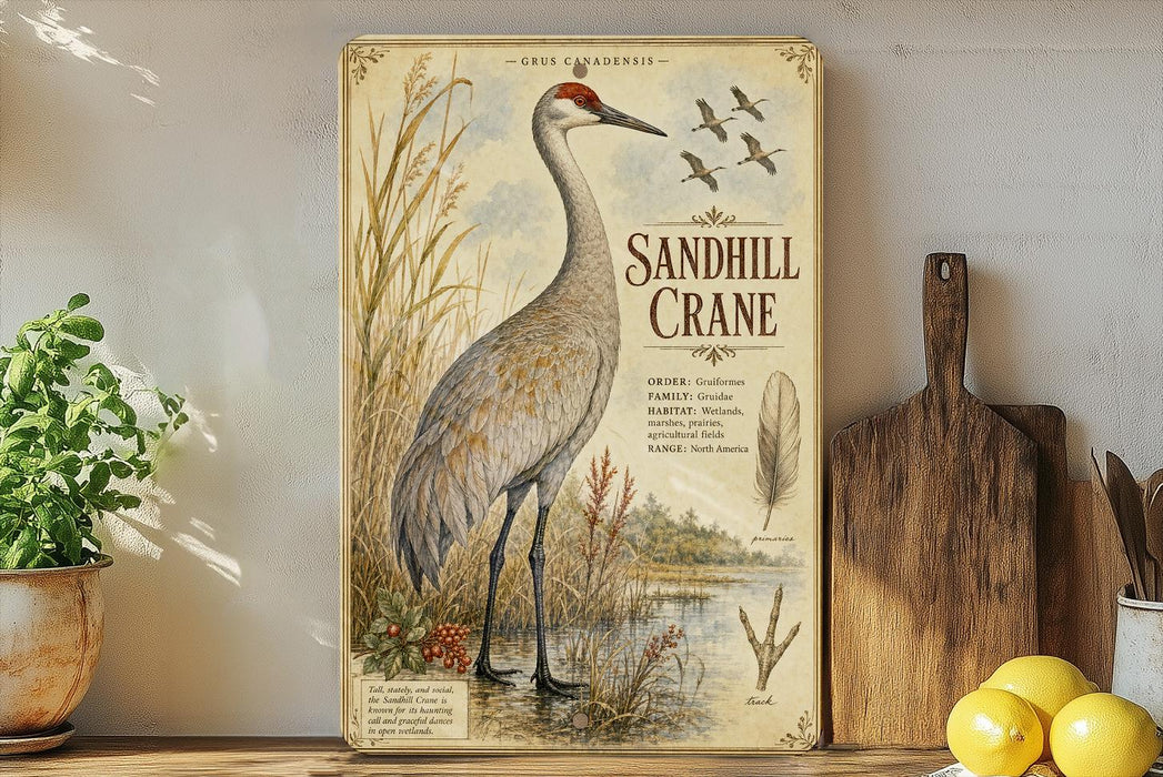 A framed illustration of a sandhill crane is displayed on a shelf, surrounded by various kitchen utensils and a potted plant.