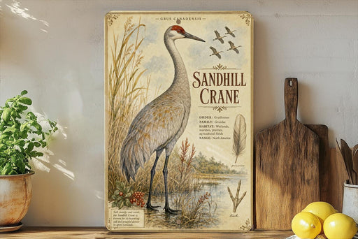 A framed illustration of a sandhill crane is displayed on a shelf, surrounded by various kitchen utensils and a potted plant.