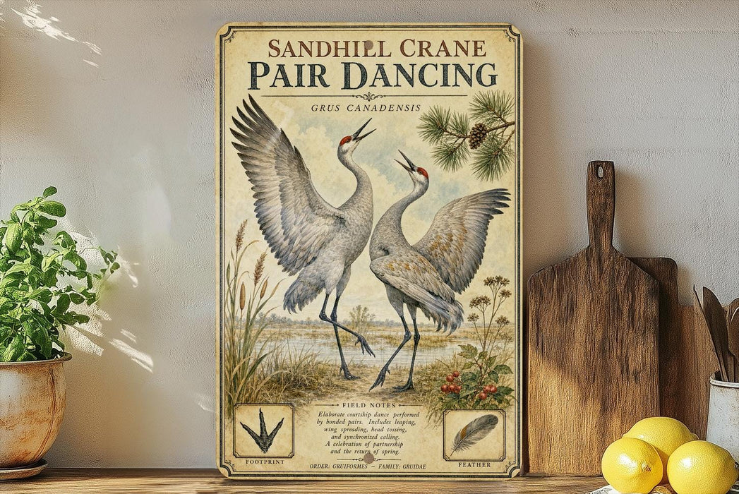 a vintage-style poster of two sandhill cranes in a field, with a wooden paddle and a potted plant in the foreground.