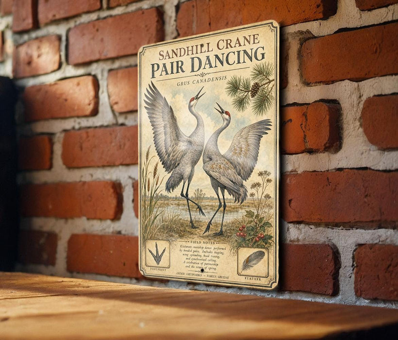 a vintage-style sign with a pair of dancing sandhill cranes against a brick wall.