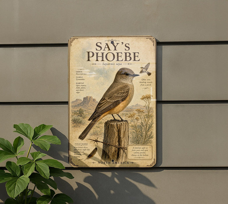 a vintage-style metal sign with a bird illustration, mounted on a wall next to a plant.