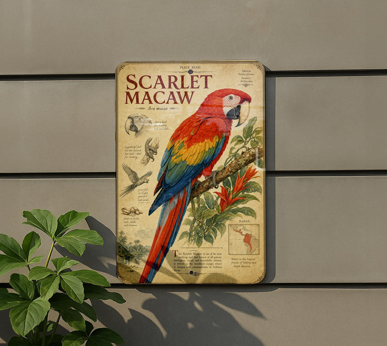 a sign with a colorful illustration of a parrot, specifically a red and blue macaw, perched on a branch.