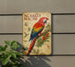 a sign with a colorful illustration of a parrot, specifically a red and blue macaw, perched on a branch.