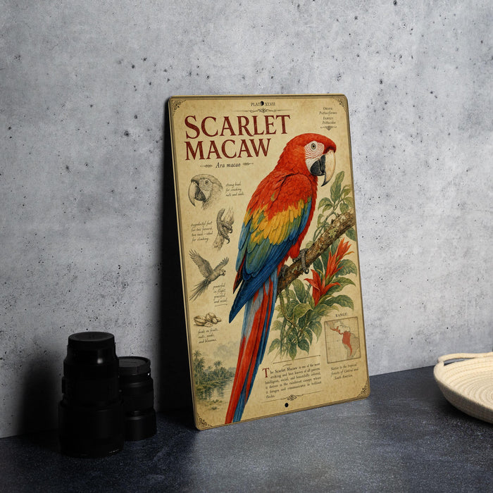a vintage-style poster of a red and blue parrot, specifically a macaw, perched on a branch.
