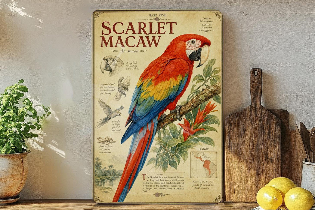 a vintage-style poster of a red and blue parrot, specifically a macaw, perched on a branch. The poster includes illustrations and text that provide information about the bird, such as its size, habitat, and diet. The poster is displayed on a shelf next to a wooden cutting board and a potted plant, creating a rustic and nature-inspired setting.