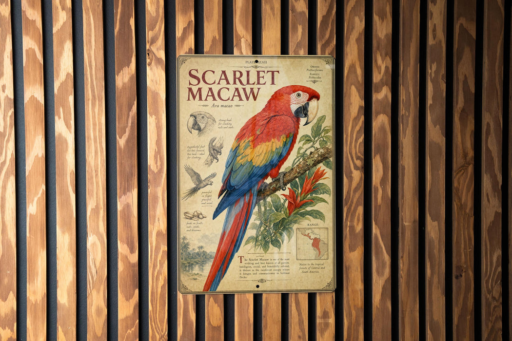 a vintage-style metal sign with a colorful illustration of a parrot, specifically a macaw, perched on a branch.