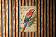 a vintage-style metal sign with a colorful illustration of a parrot, specifically a macaw, perched on a branch.