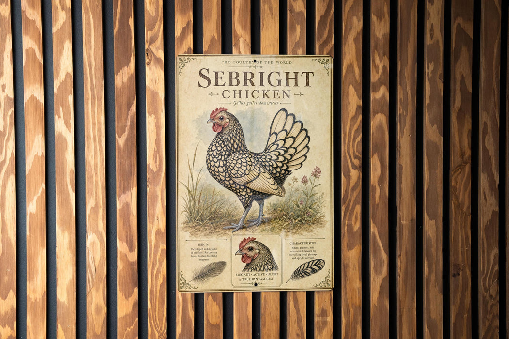 a poster of a sebright chicken, which is a type of chicken known for its distinctive appearance.