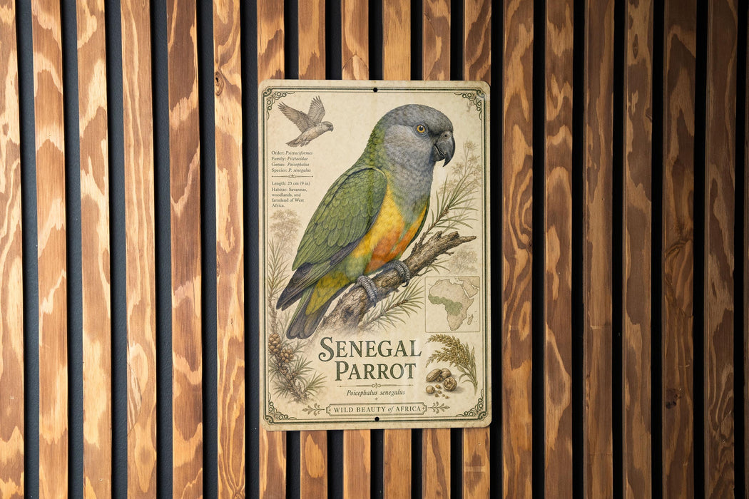 a colorful illustration of a parrot, specifically a Senegal parrot, perched on a branch.