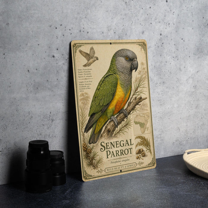 a decorative metal sign with an illustration of a colorful parrot, specifically a Senegal parrot, perched on a branch.