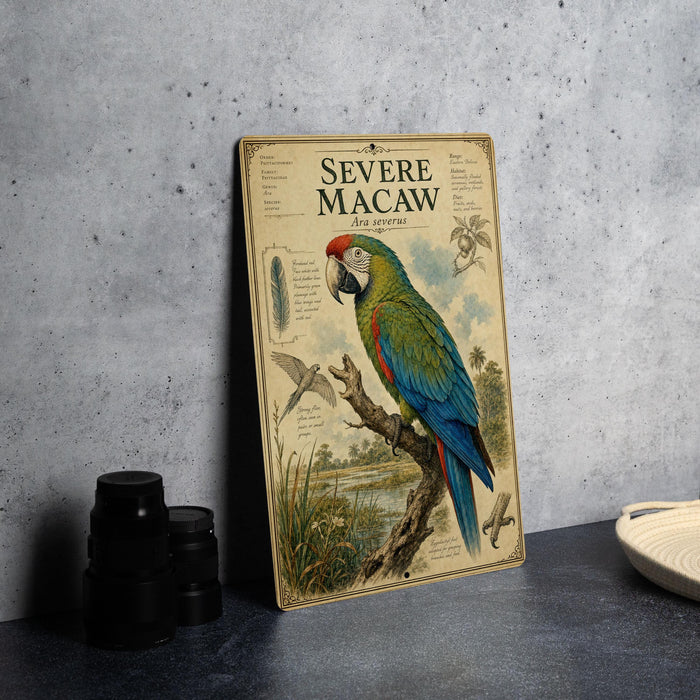 a vintage-style poster of a parrot, specifically a macaw, perched on a branch. The poster includes detailed illustrations and text, providing information about the bird.