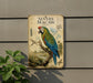 a large, colorful parrot perched on a branch, with a detailed illustration of the bird and its natural habitat.