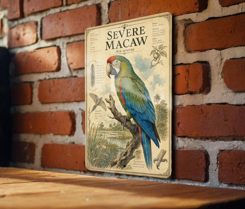 a vintage-style illustration of a parrot, specifically a macaw, perched on a branch against a brick wall.