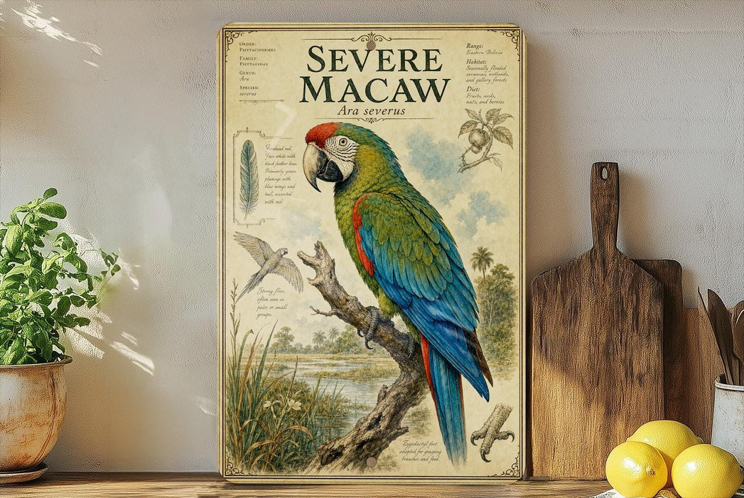 a vibrant parrot, specifically a macaw, perched on a branch. The parrot is depicted in a detailed illustration, showcasing its colorful plumage and intricate features. The background of the image is a serene landscape, adding to the overall beauty of the scene. The parrot is positioned in the center of the image, drawing the viewer's attention to its striking appearance.