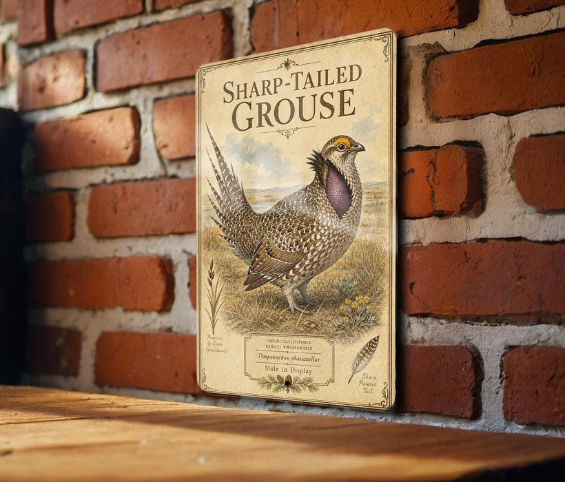 A metal sign with a picture of a Sharp-tailed grouse mounted on a brick wall.
