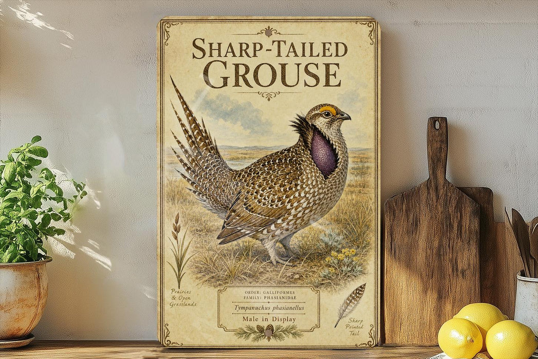 a vintage-style poster of a sharptail grouse, a type of bird, displayed on a shelf next to a wooden cutting board and some kitchen utensils.