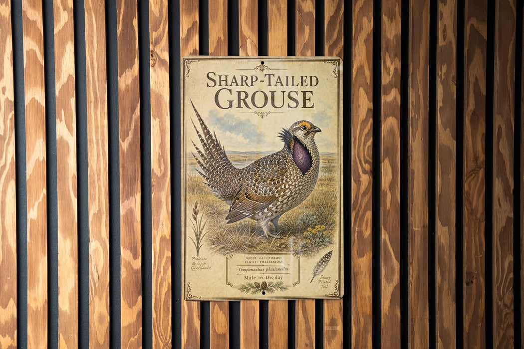 a sign with a picture of a Sharp-tailed grouse, which is a type of grouse.