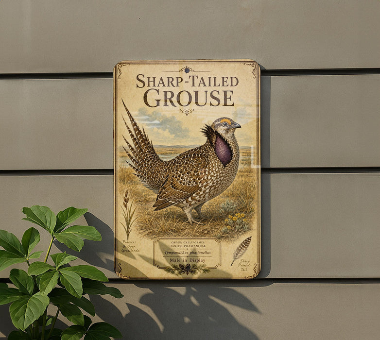 a metal sign with a picture of a sharp-tailed grouse, mounted on a wall.