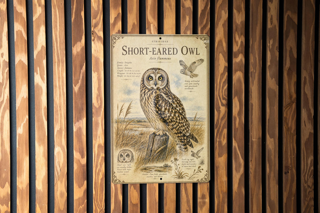 a poster of a short-eared owl, which is mounted on a wooden wall.
