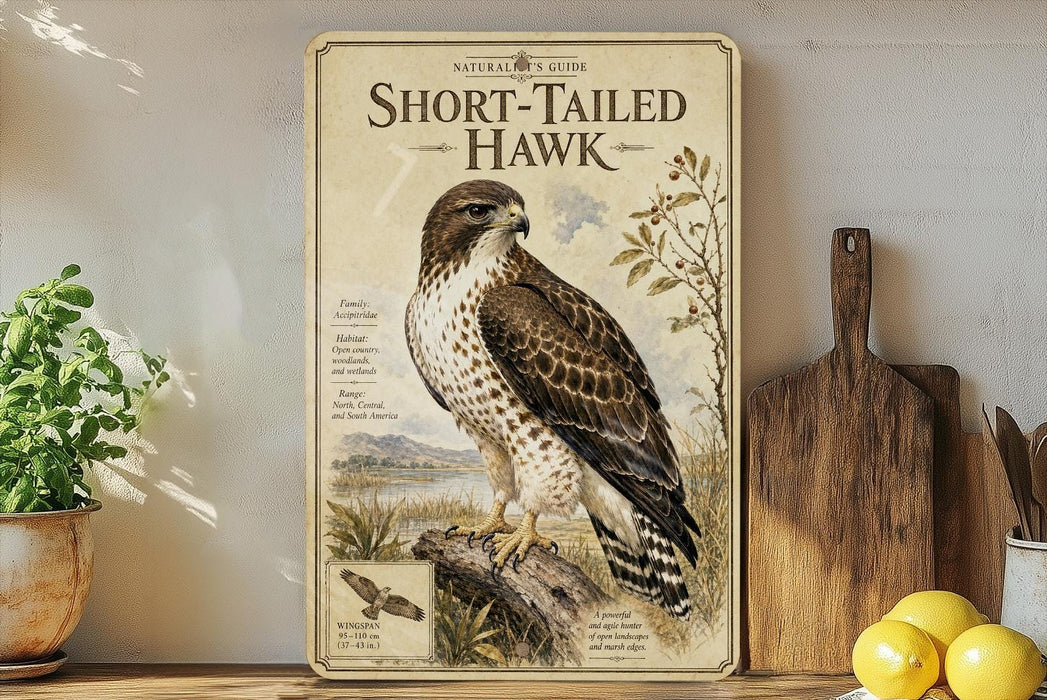 a framed illustration of a short-tailed hawk, a bird of prey, perched on a tree branch. The frame is placed on a wooden surface, surrounded by various kitchen utensils and a potted plant.