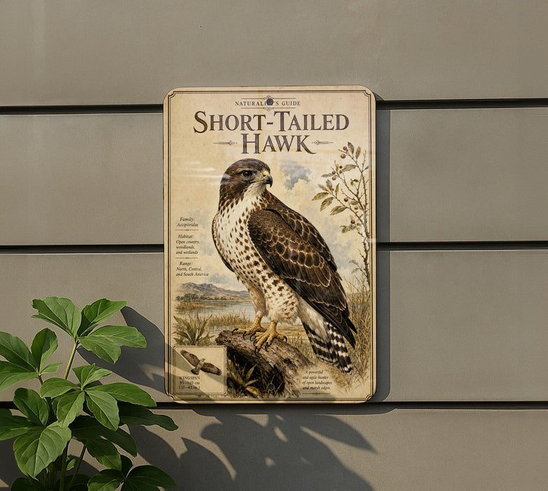 a sign for a "Short-Tailed Hawk" mounted on a wall, with a plant in the foreground.