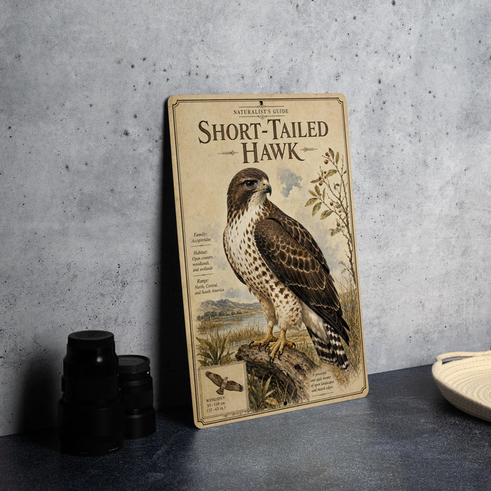 a vintage-style metal plate with an illustration of a short-tailed hawk, placed on a table next to some black camera lenses.