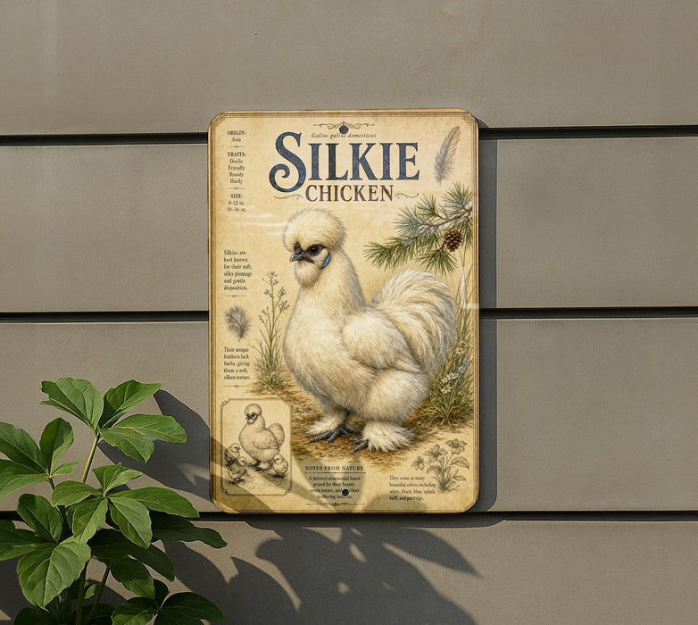 a sign with a picture of a white chicken, along with text and illustrations, mounted on a wall.