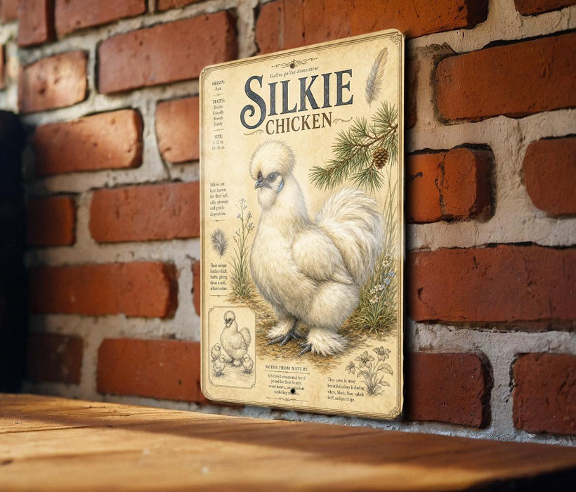 A vintage-style metal sign featuring an illustration of a Silkie chicken, mounted on a brick wall.
