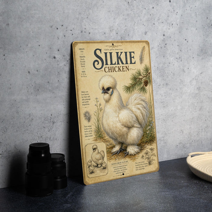 A vintage-style metal sign featuring an illustration of a Silkie chicken, with text and decorative elements.