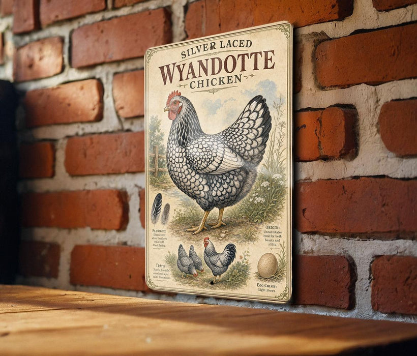 a vintage-style metal sign with a chicken illustration, mounted on a brick wall.