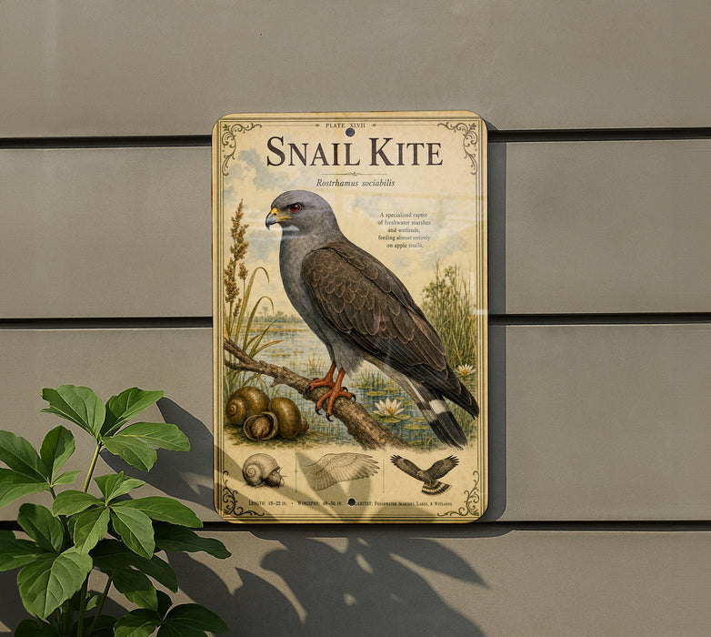 a sign with an illustration of a bird, specifically a snail kite, perched on a branch.