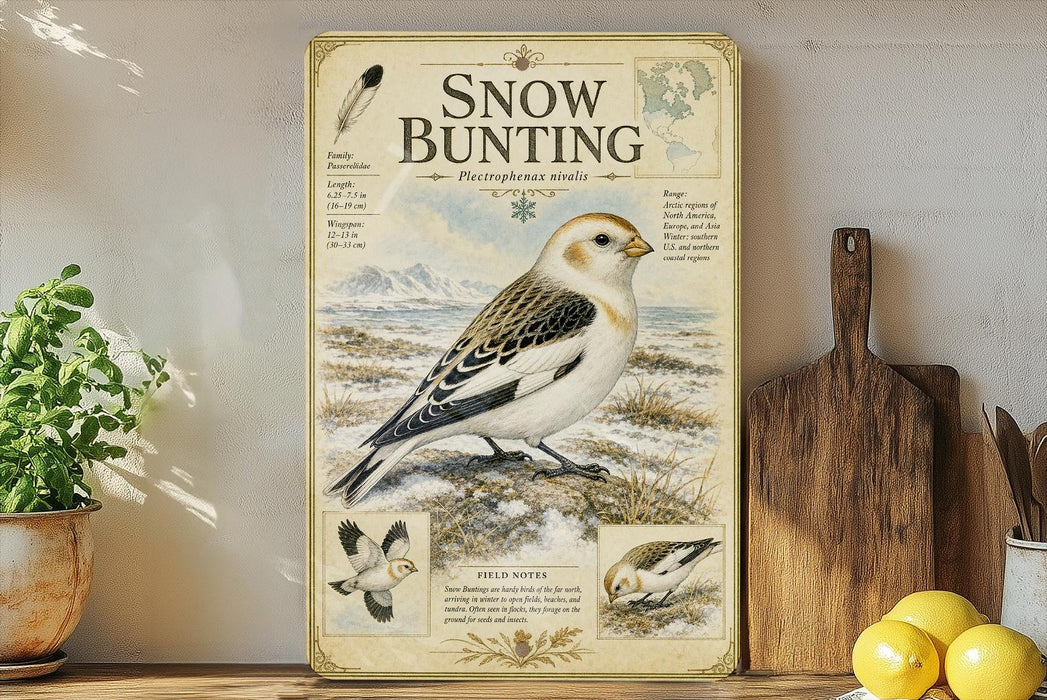 a poster or illustration of a snow bunting bird, with accompanying text and images, displayed on a wall next to a wooden cutting board and some potted plants.