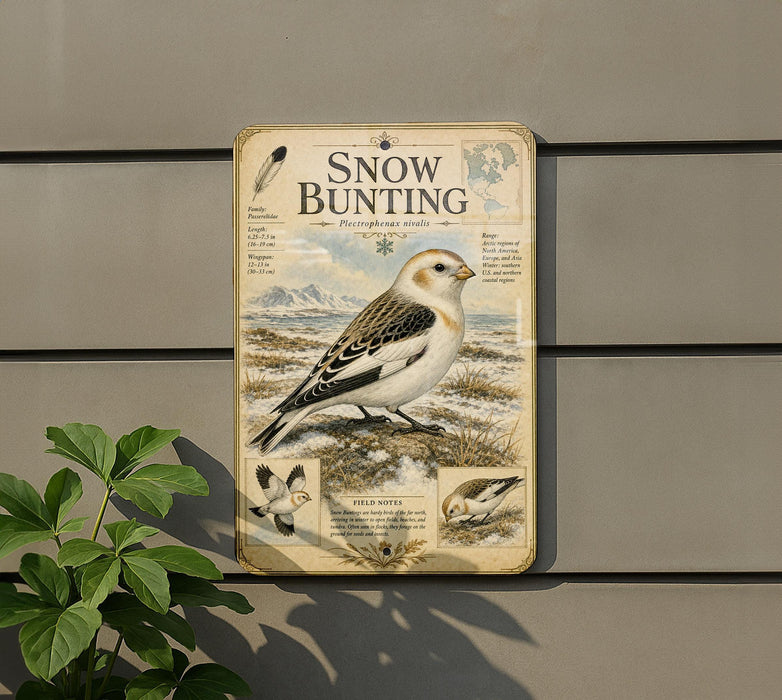 a sign with a detailed illustration of a snow bunting bird, along with additional information about the bird.