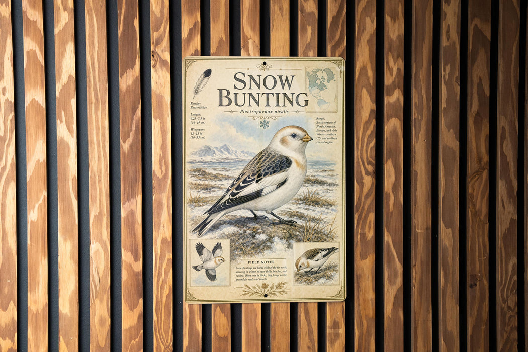 a poster with a bird illustration and text, mounted on a wooden wall.