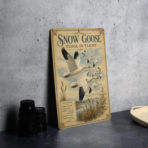 A vintage-style metal sign with a snowy goose illustration and text, placed on a gray countertop next to a stack of black camera lenses.