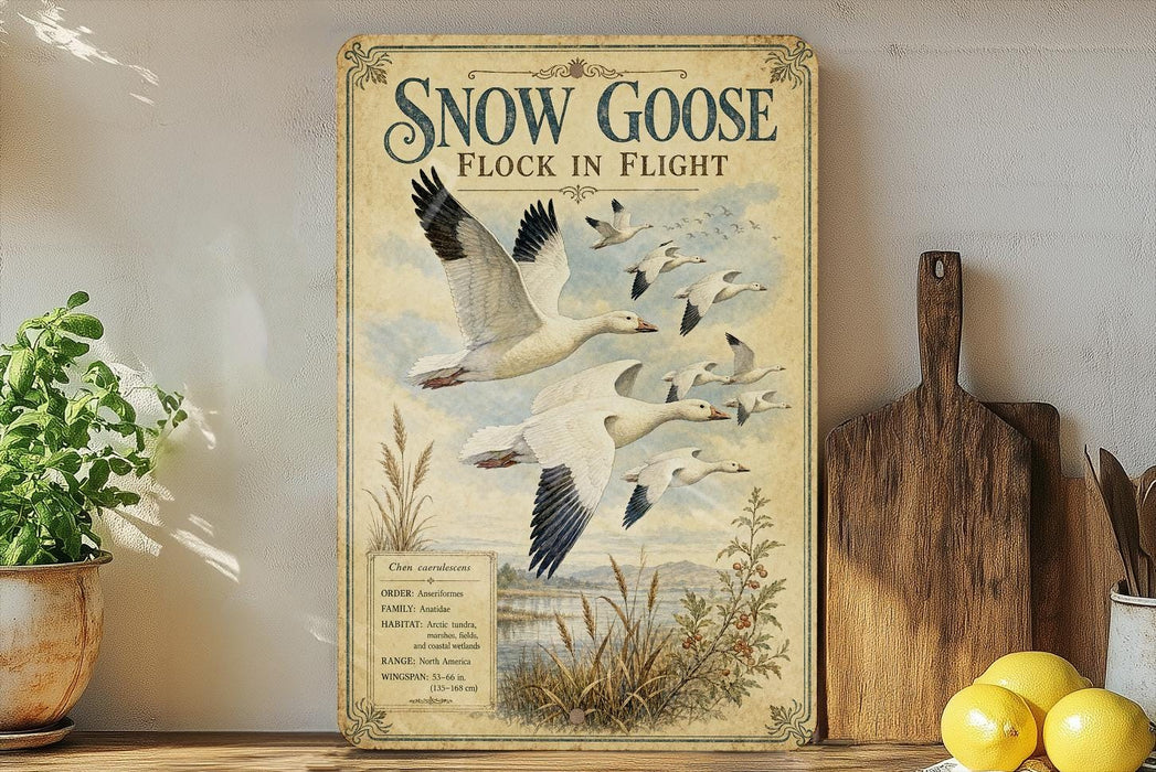 A vintage-style poster of a snow goose in flight, featuring a collage of images of the goose and its surroundings, including a field and mountains.