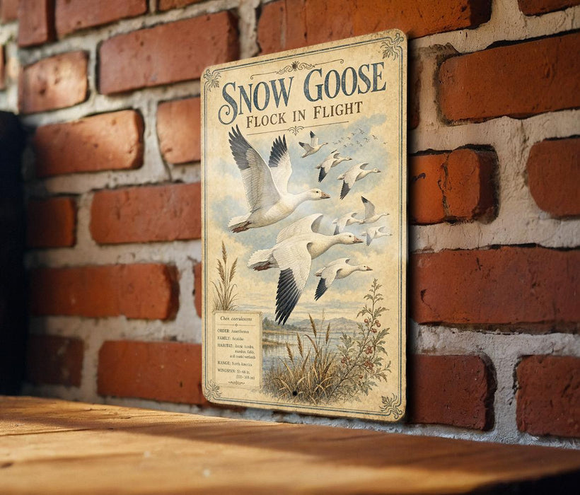 A vintage-style sign with the title "Snow Goose Flock in Flight" is displayed on a brick wall, featuring illustrations of snow geese in flight.
