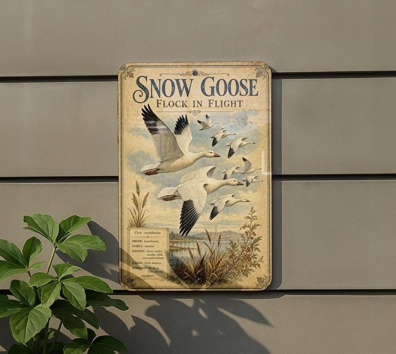 A vintage-style sign depicting a flock of snow geese in flight, with a plant in the foreground.
