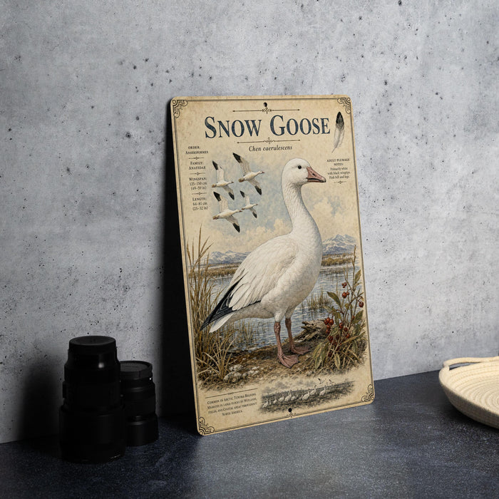 A vintage-style metal sign depicting a snow goose standing on a grassy area with a body of water in the background.