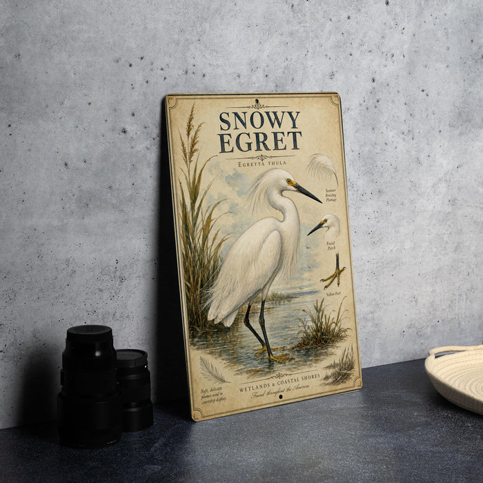 A vintage-style metal sign with an illustration of a snowy egret standing in a marshy area, accompanied by text and a decorative border.