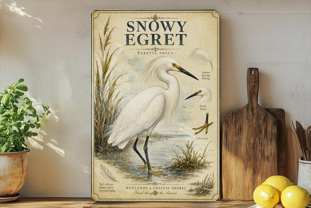 a vintage-style poster of a snowy egret, a large wading bird, displayed on a wall. The poster includes illustrations and text that describe the bird's features and habitat.
